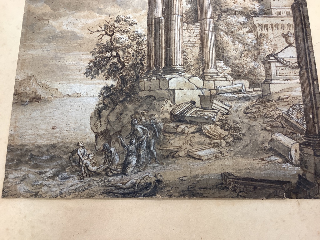 After Claude Lorrain, watercolour, Figures beside classical ruins, old collection labels verso, 32 x 24cm. Unframed